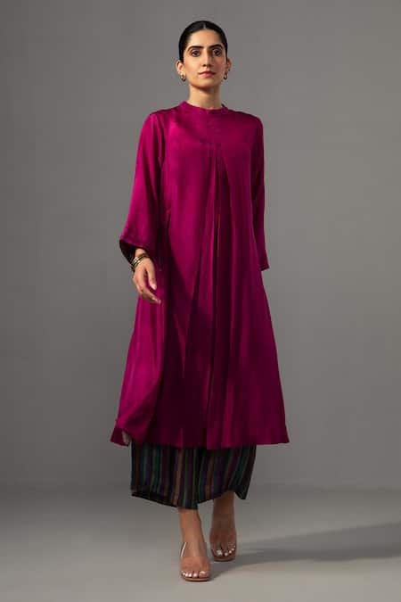 Buy_Label Shreya Sharma_Pink Silk Bandeau Neck Solid Kurta With Stripe Print Pant _Online_at_Aza_Fashions