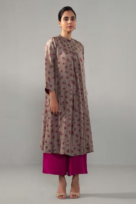 Label Shreya Sharma_Brown Silk Bandeau Neck Floral Print Kurta With Pant_Online_at_Aza_Fashions