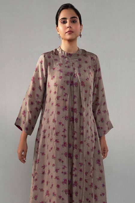 Buy_Label Shreya Sharma_Brown Silk Bandeau Neck Floral Print Kurta With Pant_Online_at_Aza_Fashions