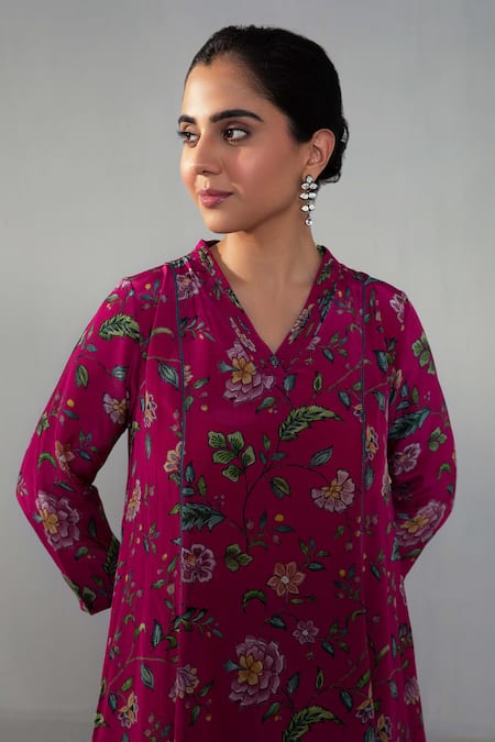 Buy Label Shreya Sharma Fuchsia Crepe Collared Floral Print Kurta With Pant Online at Aza Fashions Buy_Label Shreya Sharma_Fuchsia Crepe Collared Floral Print Kurta With Pant _Online_at_Aza_Fashions