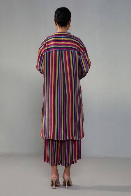 Shop Label Shreya Sharma Multi Color Crepe Mandarin Collar Stripe Print Kurta With Pant at Aza Fashions Shop_Label Shreya Sharma_Multi Color Crepe Mandarin Collar Stripe Print Kurta With Pant_at_Aza_Fashions