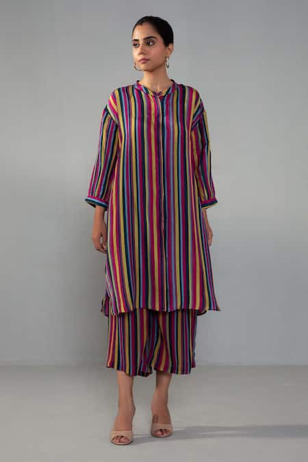 Label Shreya Sharma Multi Color Crepe Mandarin Collar Stripe Print Kurta With Pant Online at Aza Fashions Label Shreya Sharma_Multi Color Crepe Mandarin Collar Stripe Print Kurta With Pant_Online_at_Aza_Fashions