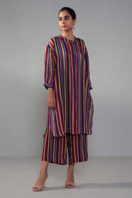 Buy Label Shreya Sharma Multi Color Crepe Mandarin Collar Stripe Print Kurta With Pant Online at Aza Fashions Buy_Label Shreya Sharma_Multi Color Crepe Mandarin Collar Stripe Print Kurta With Pant_Online_at_Aza_Fashions
