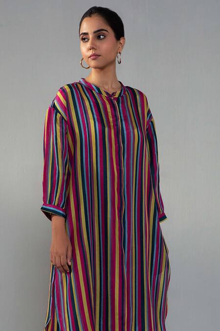 Shop Label Shreya Sharma Multi Color Crepe Mandarin Collar Stripe Print Kurta With Pant Online at Aza Fashions Shop_Label Shreya Sharma_Multi Color Crepe Mandarin Collar Stripe Print Kurta With Pant_Online_at_Aza_Fashions