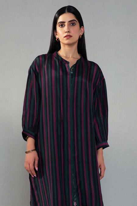 Label Shreya Sharma_Multi Color Crepe Mandarin Collar Stripe Print Straight Kurta With Pant_Online_at_Aza_Fashions