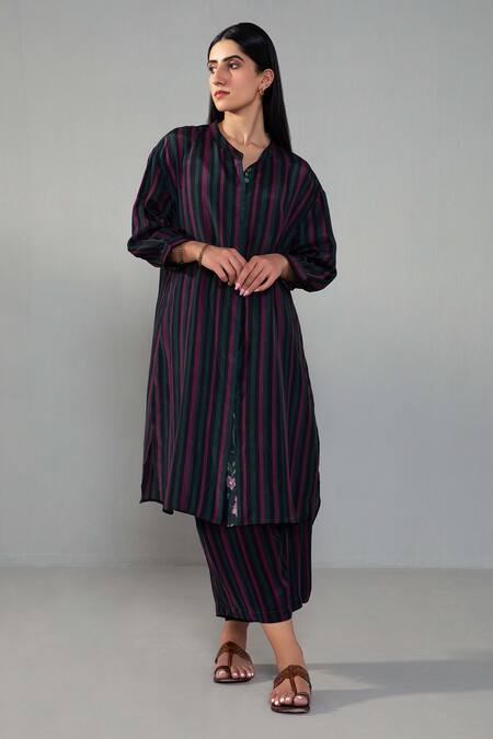 Buy_Label Shreya Sharma_Multi Color Crepe Mandarin Collar Stripe Print Straight Kurta With Pant_Online_at_Aza_Fashions