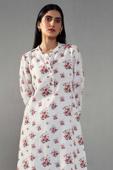 Buy Label Shreya Sharma White Linen Mandarin Collar Rose Print Kurta With Pant Online at Aza Fashions Buy_Label Shreya Sharma_White Linen Mandarin Collar Rose Print Kurta With Pant _Online_at_Aza_Fashions