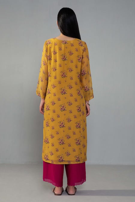 Shop Label Shreya Sharma Yellow Chanderi, Cotton Split V-neck Rose Print Kurta With Pant at Aza Fashions Shop_Label Shreya Sharma_Yellow Chanderi, Cotton Split V-neck Rose Print Kurta With Pant _at_Aza_Fashions