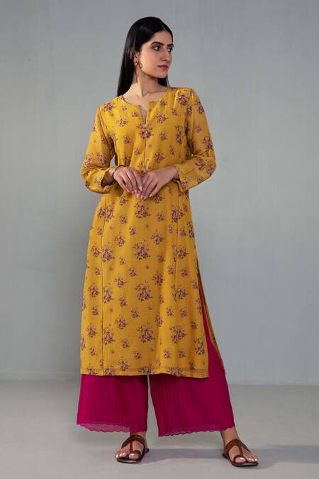 Buy Label Shreya Sharma Yellow Chanderi, Cotton Split V-neck Rose Print Kurta With Pant Online at Aza Fashions Buy_Label Shreya Sharma_Yellow Chanderi, Cotton Split V-neck Rose Print Kurta With Pant _Online_at_Aza_Fashions