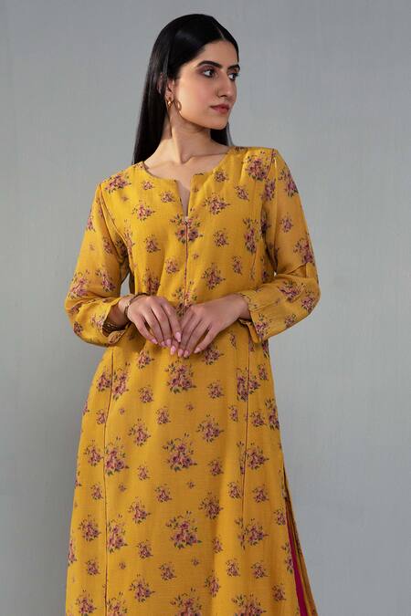 Shop Label Shreya Sharma Yellow Chanderi, Cotton Split V-neck Rose Print Kurta With Pant Online at Aza Fashions Shop_Label Shreya Sharma_Yellow Chanderi, Cotton Split V-neck Rose Print Kurta With Pant _Online_at_Aza_Fashions