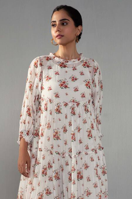 Label Shreya Sharma_White Chanderi, Cotton Round Neck Rose Print Dress _Online_at_Aza_Fashions