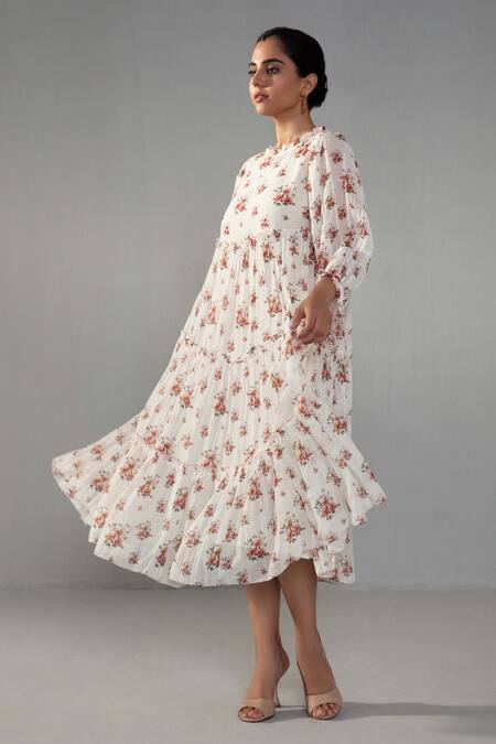 Buy_Label Shreya Sharma_White Chanderi, Cotton Round Neck Rose Print Dress _Online_at_Aza_Fashions