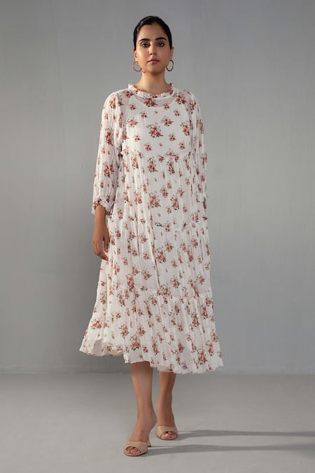 Shop_Label Shreya Sharma_White Chanderi, Cotton Round Neck Rose Print Dress _Online_at_Aza_Fashions