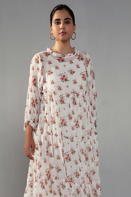 Label Shreya Sharma_White Chanderi, Cotton Round Neck Rose Print Dress _at_Aza_Fashions