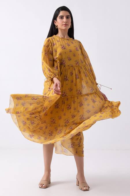 Label Shreya Sharma_Yellow Chanderi, Cotton Round Neck Rosette Print Dress _Online_at_Aza_Fashions