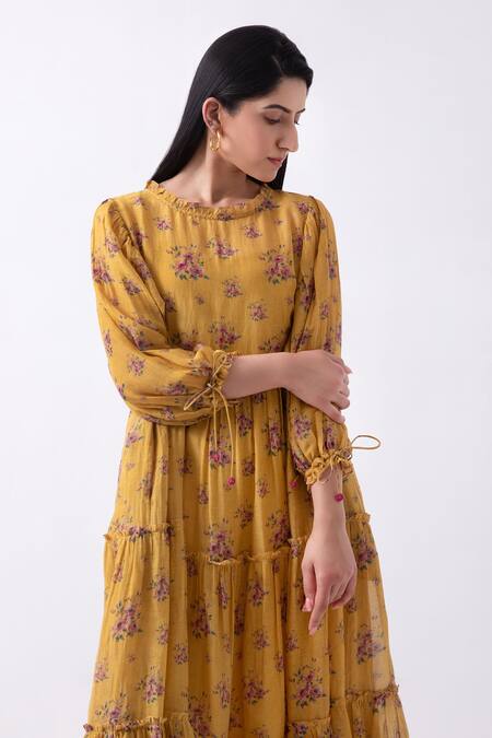 Buy_Label Shreya Sharma_Yellow Chanderi, Cotton Round Neck Rosette Print Dress _Online_at_Aza_Fashions