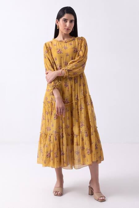 Shop_Label Shreya Sharma_Yellow Chanderi, Cotton Round Neck Rosette Print Dress _Online_at_Aza_Fashions