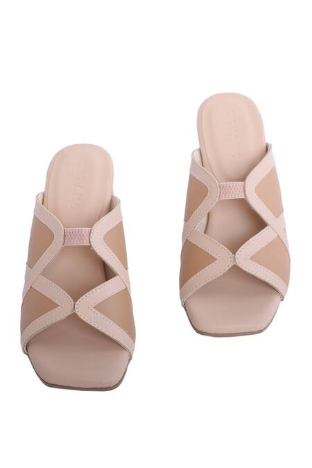 Devano_Beige Embroidery, Cut Work Double Cross Slipon Heels _Online_at_Aza_Fashions