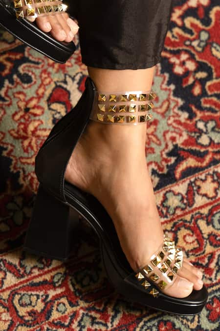 Shop_Tiesta_Black Studs Metallic Block Heels _at_Aza_Fashions