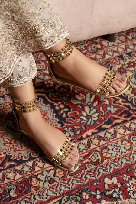 Tiesta_Gold Metallic Stud Embellished Flats _Online_at_Aza_Fashions