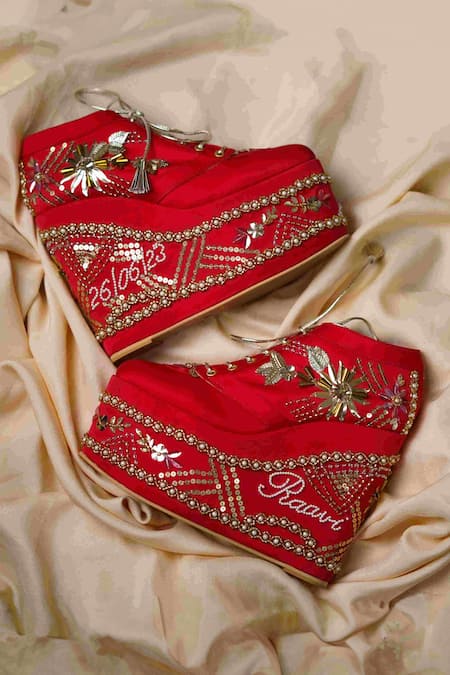 Shop_Tiesta_Red Cutdana Embellished Sneaker Wedges _at_Aza_Fashions