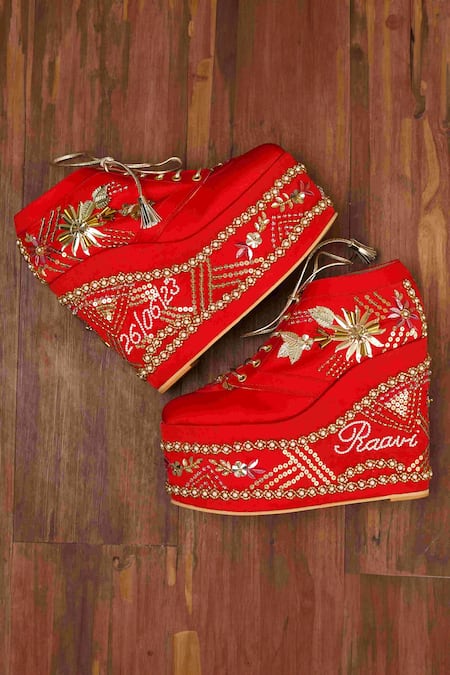 Tiesta_Red Cutdana Embellished Sneaker Wedges _Online_at_Aza_Fashions