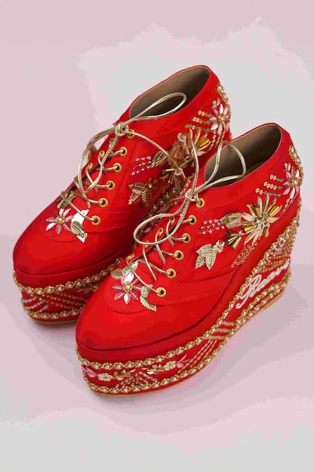 Buy_Tiesta_Red Cutdana Embellished Sneaker Wedges _Online_at_Aza_Fashions