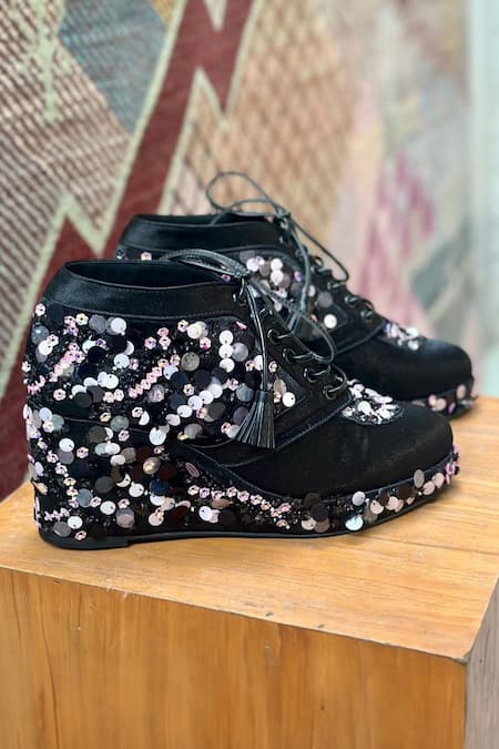 Tiesta_Black Sequins Embellished Sneaker Wedges _Online_at_Aza_Fashions
