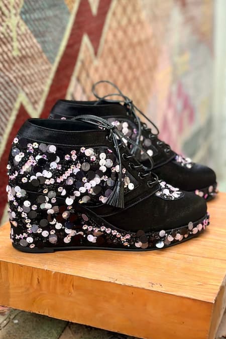 Buy_Tiesta_Black Sequins Embellished Sneaker Wedges _Online_at_Aza_Fashions