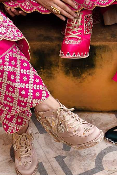 Shop Tiesta Pink Sequins, Beads, Mirrors Geometric Embroidered Sneaker Wedges at Aza Fashions Shop_Tiesta_Pink Sequins, Beads, Mirrors Geometric Embroidered Sneaker Wedges _at_Aza_Fashions