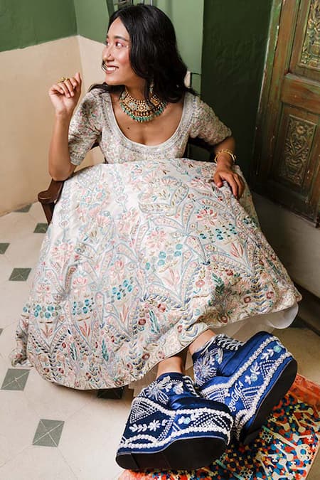 Shop Tiesta Blue Sequins, Beads Embroidered Sneaker Wedges at Aza Fashions Shop_Tiesta_Blue Sequins, Beads Embroidered Sneaker Wedges _at_Aza_Fashions