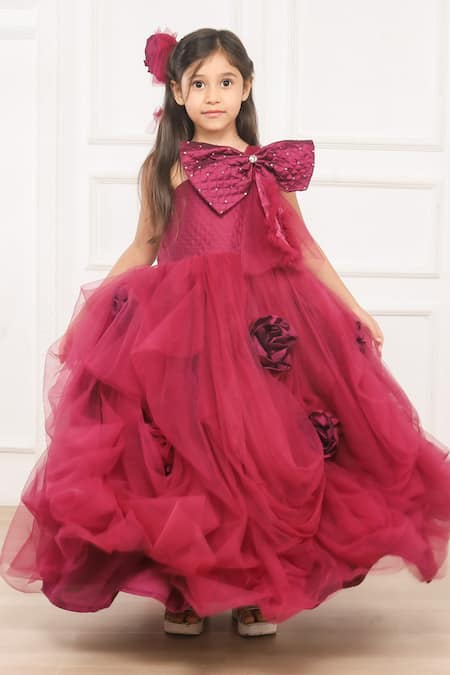 Pinkcow designs pvt ltd Maroon Raw Silk Embellished Bow And Rosette Gown 