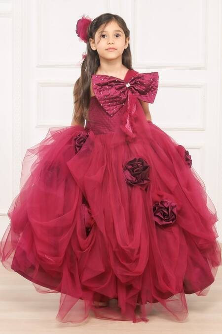 Pinkcow designs pvt ltd_Maroon Silk, Net, Cotton Bows, Fabric Flowers And Rosette Embellished Gown _Online_at_Aza_Fashions