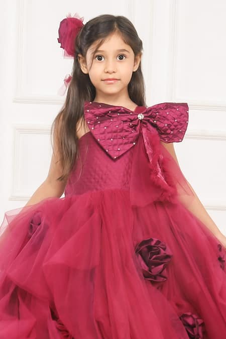 Buy_Pinkcow designs pvt ltd_Maroon Silk, Net, Cotton Bows, Fabric Flowers And Rosette Embellished Gown _Online_at_Aza_Fashions