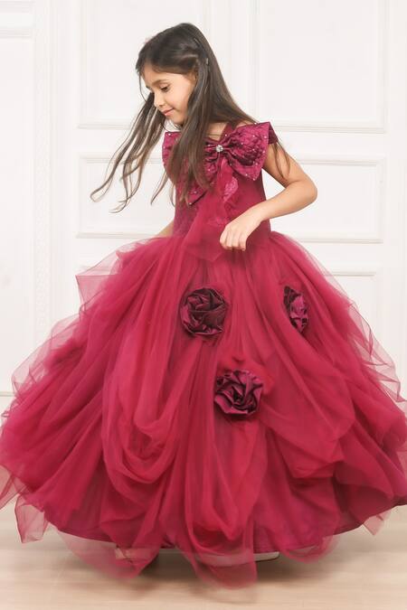 Pinkcow designs pvt ltd_Maroon Silk, Net, Cotton Bows, Fabric Flowers And Rosette Embellished Gown _at_Aza_Fashions