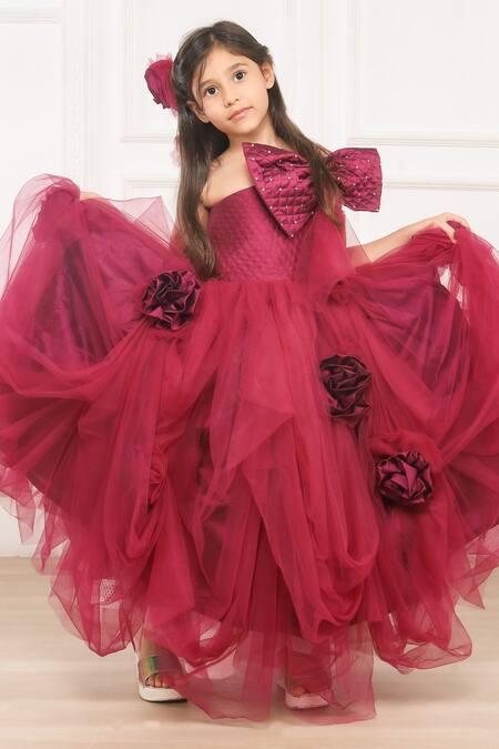 Buy_Pinkcow designs pvt ltd_Maroon Silk, Net, Cotton Bows, Fabric Flowers And Rosette Embellished Gown 