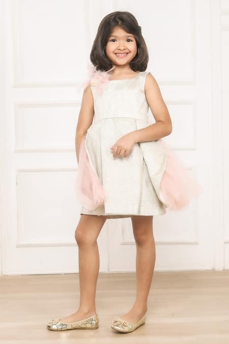 Pinkcow designs pvt ltd Gold Cotton, Net, Crepe, Lace Feathers, Floral Sequin And Embellished Dress