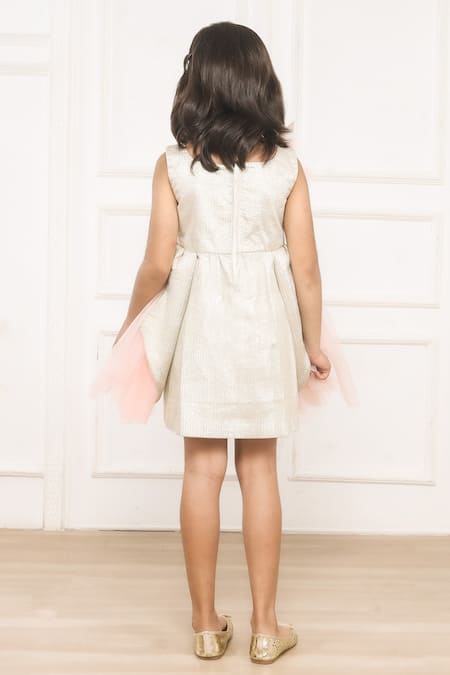 Shop Pinkcow designs pvt ltd Gold Cotton, Net, Crepe, Lace Feathers, Floral Sequin And Embellished Dress at Aza Fashions Shop_Pinkcow designs pvt ltd_Gold Cotton, Net, Crepe, Lace Feathers, Floral Sequin And Embellished Dress _at_Aza_Fashions