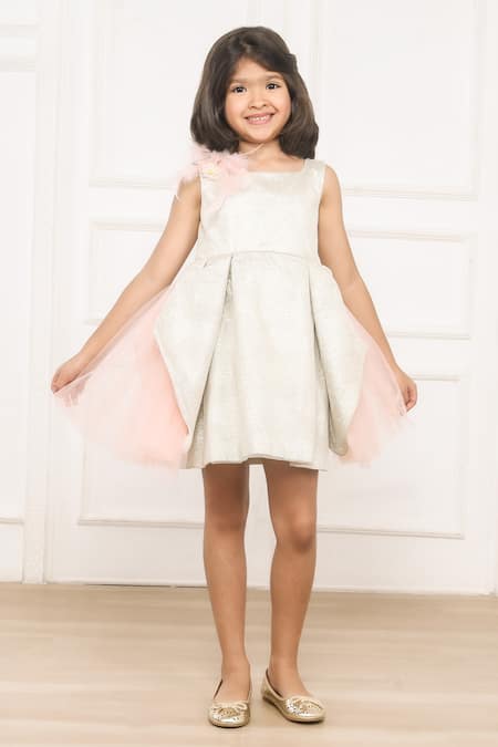 Pinkcow designs pvt ltd Gold Cotton, Net, Crepe, Lace Feathers, Floral Sequin And Embellished Dress Online at Aza Fashions Pinkcow designs pvt ltd_Gold Cotton, Net, Crepe, Lace Feathers, Floral Sequin And Embellished Dress _Online_at_Aza_Fashions