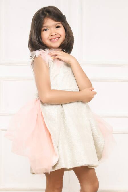 Shop Pinkcow designs pvt ltd Gold Cotton, Net, Crepe, Lace Feathers, Floral Sequin And Embellished Dress Online at Aza Fashions Shop_Pinkcow designs pvt ltd_Gold Cotton, Net, Crepe, Lace Feathers, Floral Sequin And Embellished Dress _Online_at_Aza_Fashions