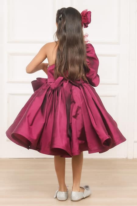 Shop Pinkcow designs pvt ltd Wine Taffeta, Cotton Pearls, Rhinestones One Shoulder Bow Embellished Dress at Aza Fashions Shop_Pinkcow designs pvt ltd_Wine Taffeta, Cotton Pearls, Rhinestones One Shoulder Bow Embellished Dress _at_Aza_Fashions