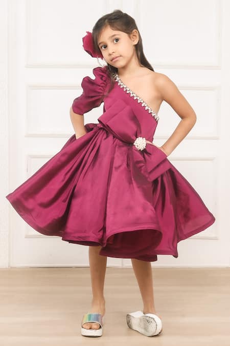 Pinkcow designs pvt ltd Wine Taffeta, Cotton Pearls, Rhinestones One Shoulder Bow Embellished Dress Online at Aza Fashions Pinkcow designs pvt ltd_Wine Taffeta, Cotton Pearls, Rhinestones One Shoulder Bow Embellished Dress _Online_at_Aza_Fashions