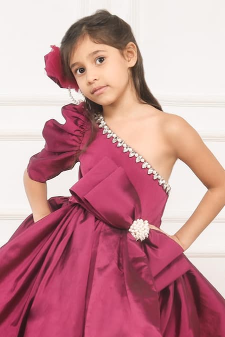 Buy Pinkcow designs pvt ltd Wine Taffeta, Cotton Pearls, Rhinestones One Shoulder Bow Embellished Dress Online at Aza Fashions Buy_Pinkcow designs pvt ltd_Wine Taffeta, Cotton Pearls, Rhinestones One Shoulder Bow Embellished Dress _Online_at_Aza_Fashions