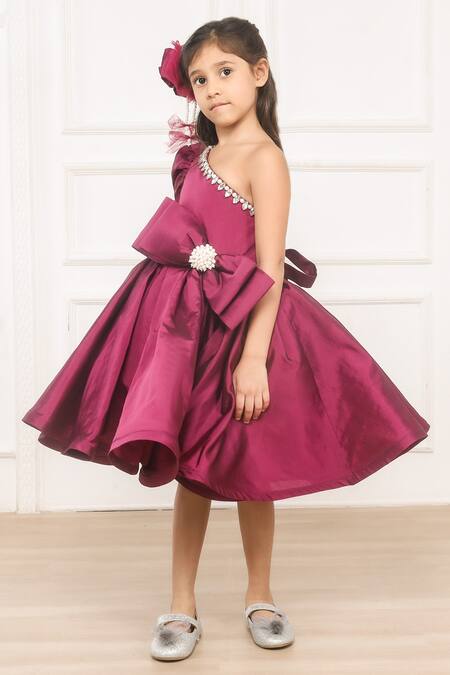 Shop Pinkcow designs pvt ltd Wine Taffeta, Cotton Pearls, Rhinestones One Shoulder Bow Embellished Dress Online at Aza Fashions Shop_Pinkcow designs pvt ltd_Wine Taffeta, Cotton Pearls, Rhinestones One Shoulder Bow Embellished Dress _Online_at_Aza_Fashions