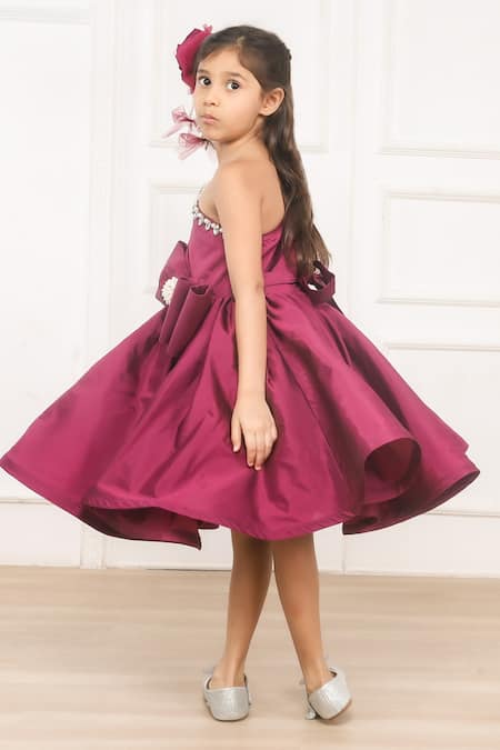 Pinkcow designs pvt ltd Wine Taffeta, Cotton Pearls, Rhinestones One Shoulder Bow Embellished Dress at Aza Fashions Pinkcow designs pvt ltd_Wine Taffeta, Cotton Pearls, Rhinestones One Shoulder Bow Embellished Dress _at_Aza_Fashions