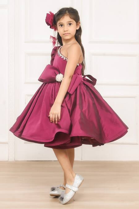 Buy Pinkcow designs pvt ltd Wine Taffeta, Cotton Pearls, Rhinestones One Shoulder Bow Embellished Dress Buy_Pinkcow designs pvt ltd_Wine Taffeta, Cotton Pearls, Rhinestones One Shoulder Bow Embellished Dress