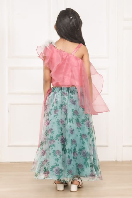 Shop Pinkcow designs pvt ltd Green Organza, Crepe, Hello Kitty Roseate Print Lehenga With Ruffled Blouse at Aza Fashions Shop_Pinkcow designs pvt ltd_Green Organza, Crepe, Hello Kitty Roseate Print Lehenga With Ruffled Blouse _at_Aza_Fashions