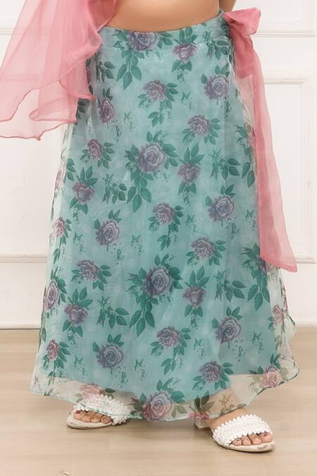 Pinkcow designs pvt ltd Green Organza, Crepe, Hello Kitty Roseate Print Lehenga With Ruffled Blouse at Aza Fashions Pinkcow designs pvt ltd_Green Organza, Crepe, Hello Kitty Roseate Print Lehenga With Ruffled Blouse _at_Aza_Fashions