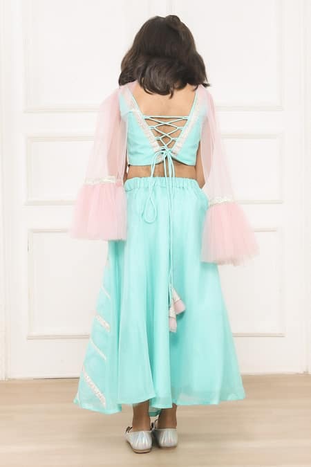 Shop Pinkcow designs pvt ltd Sky Blue Cotton, Chanderi, Crepe, Gota Lace Embellished Lehenga Blouse Set at Aza Fashions Shop_Pinkcow designs pvt ltd_Sky Blue Cotton, Chanderi, Crepe, Gota Lace Embellished Lehenga Blouse Set _at_Aza_Fashions