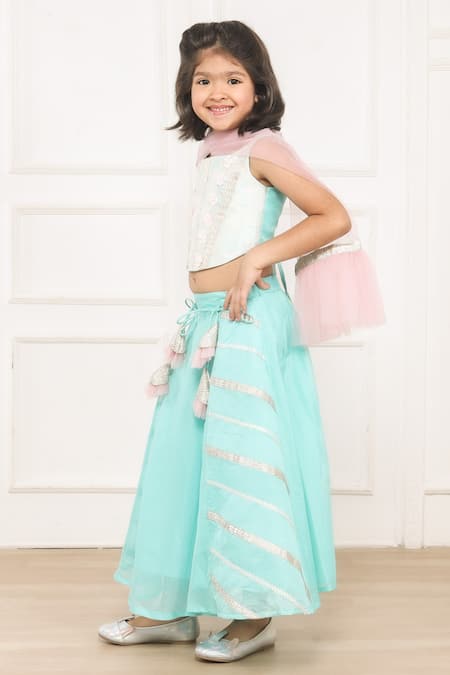 Pinkcow designs pvt ltd Sky Blue Cotton, Chanderi, Crepe, Gota Lace Embellished Lehenga Blouse Set Online at Aza Fashions Pinkcow designs pvt ltd_Sky Blue Cotton, Chanderi, Crepe, Gota Lace Embellished Lehenga Blouse Set _Online_at_Aza_Fashions